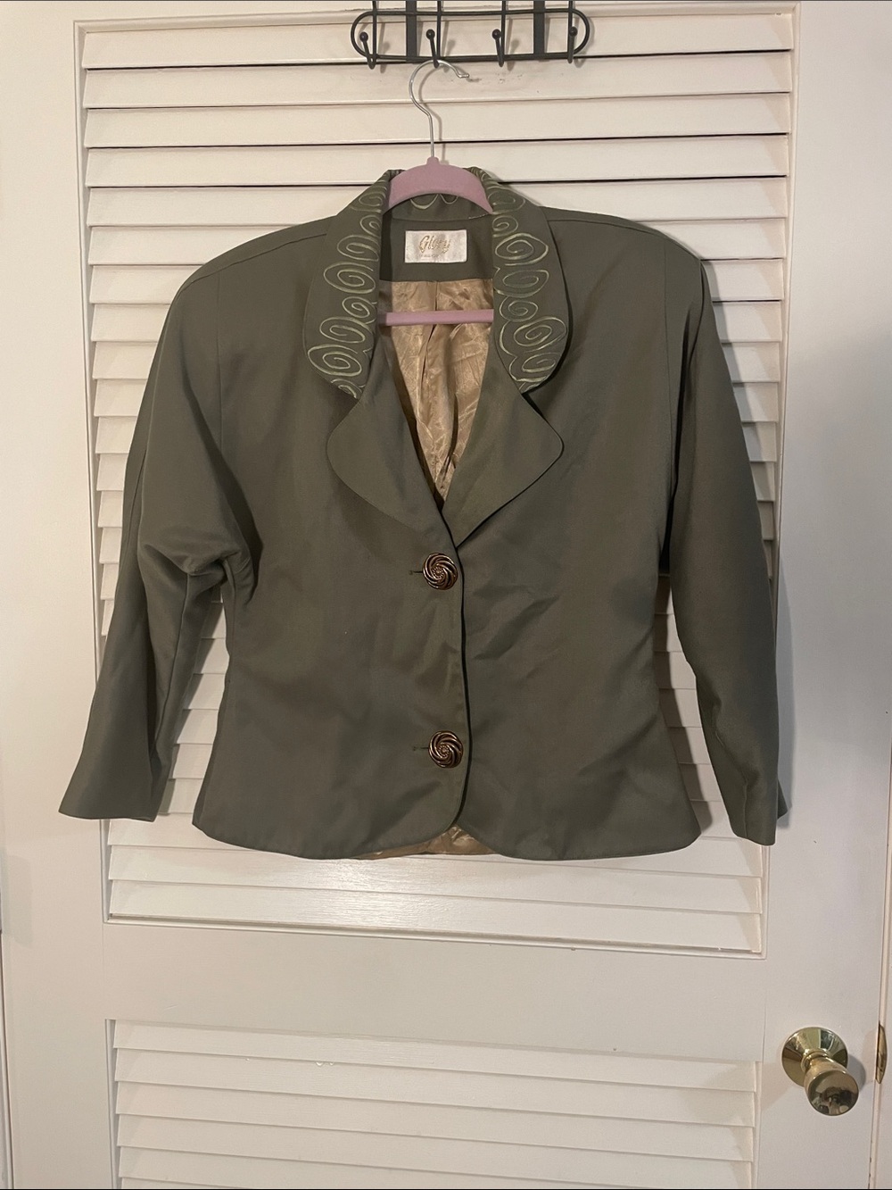 Glory of New York Vintage Olive Embroidered Collar Two-Button Rayon Blazer